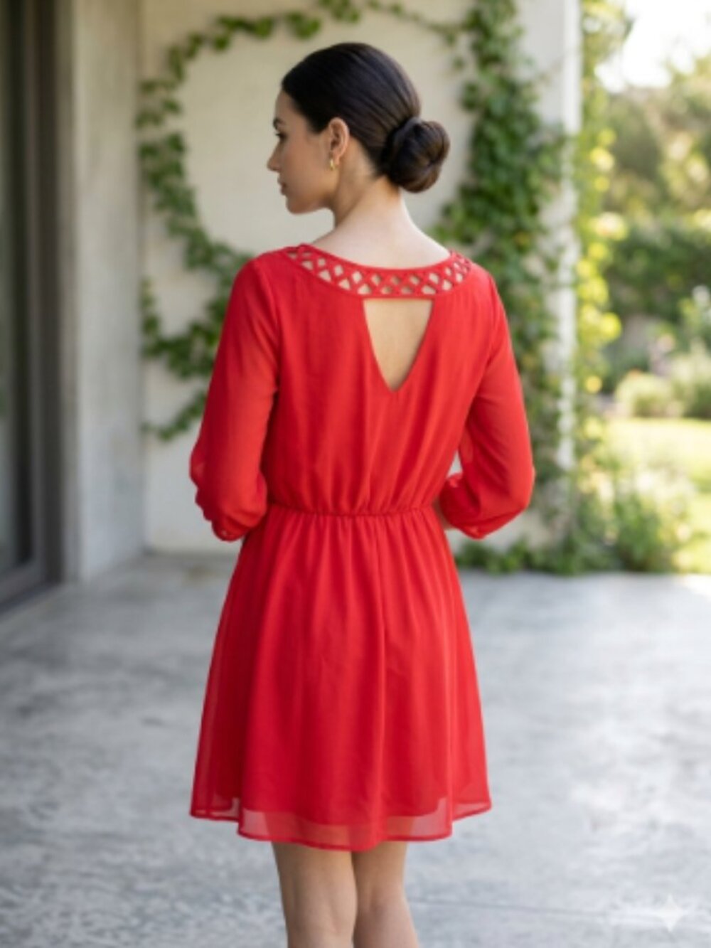Y2K Deep Coral Chiffon Blouson Dress XL Lattice Cage Cut Out Back Mermaidcore